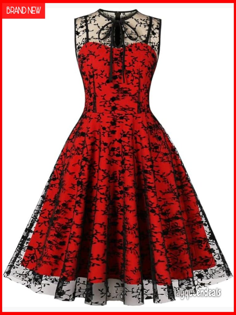 Vintage Floral Embroidered Swing Dress With Keyhole Tie Neck